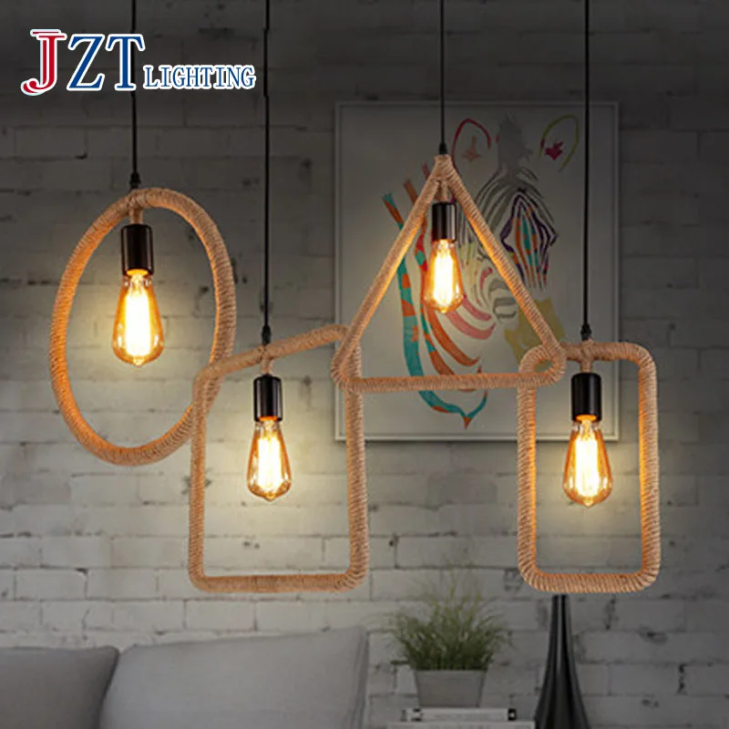 

T Loft Industrial Creative Pendant Light Indoor Simple Novelty Lighting For Bar&Restaurant American style Hemp rope Lamp