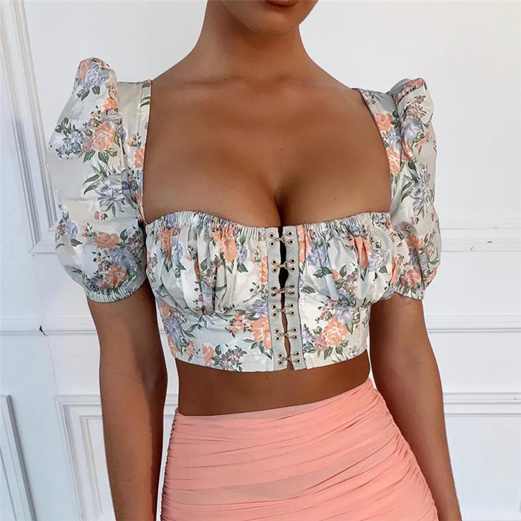 

2019 New Fashion Women Sexy Print Short Sleeve Navel Puff Sleeve Shirt T-shirt Elegant Ladies Charming Tops Camiseta de mujer