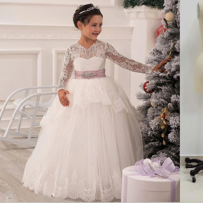 Organza Flower Girl Dresses Long Sleeve Princess Cheap Sashes First