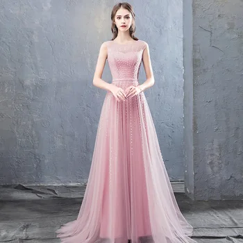 

Holievery Beaded Tulle Long Prom Dresses 2019 Blush Pink Red Scoop Neck Evening Gowns Summer Floor Length Formal Party Dress