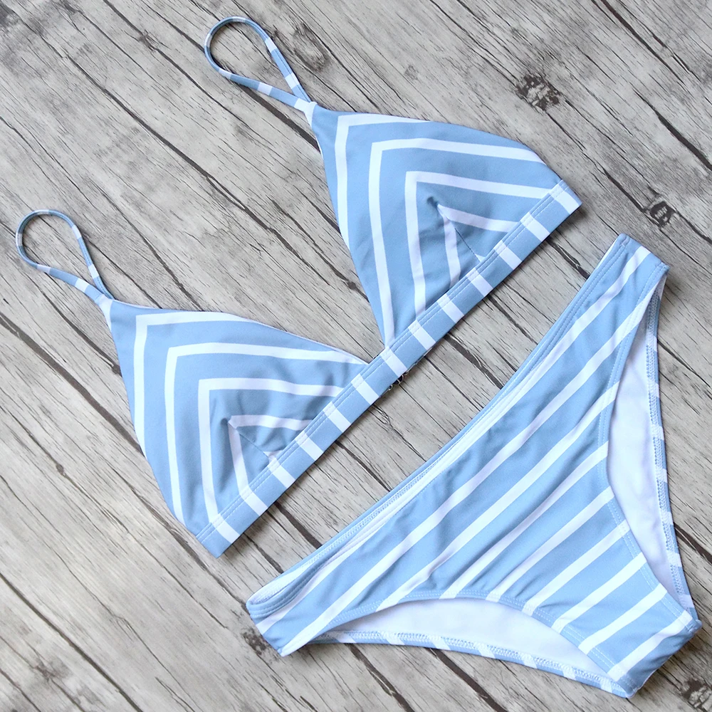 Sexy Push Up Bikini 2018 Striped Bikini Set Halter Bandage Swimsuit Female Padded Swimwear Low Waist Bathing Suit Women monokini rainbow striped bardot bikini set