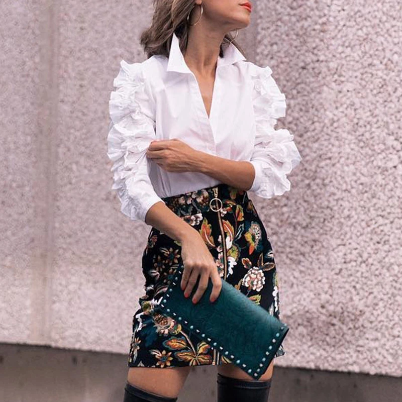 

2019 Spring Shirt Women Ruffles Full Sleeve OL Shirts Female Fashion Tops