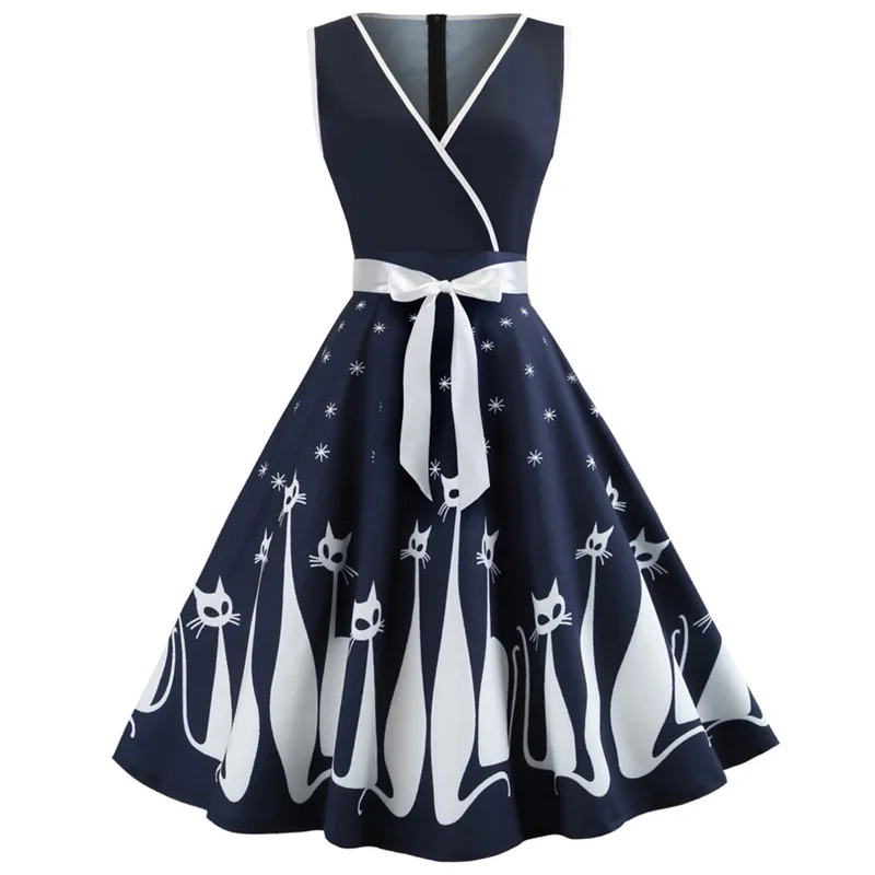 Вечерние платья на Хэллоуин в стиле Одри Хепберн, 1960 s, сексуальное платье с v-образным вырезом, без рукавов, с ремнем, женское платье в стиле ретро, с принтом кошки, в стиле рокабилли, Свинг Vestidos - Цвет: Navy Blue