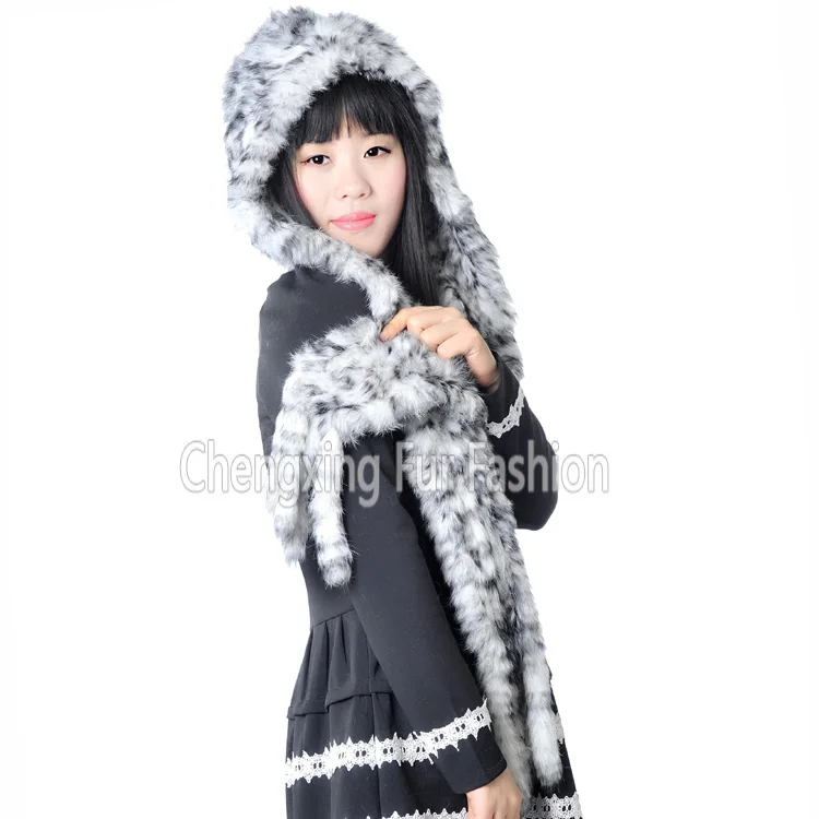 

CX-C-19 Fashion Handmade Genuine Rabbit Fur Knitted Hat With Scarf