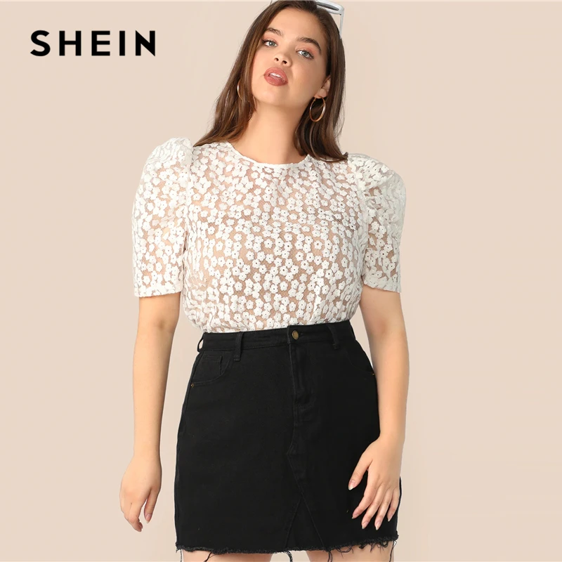

SHEIN Plus Size White Tie Back Puff Sleeve Embroidered Mesh Top Blouse 2019 Women Summer Elegant Embroidery Sheer Knot Blouses