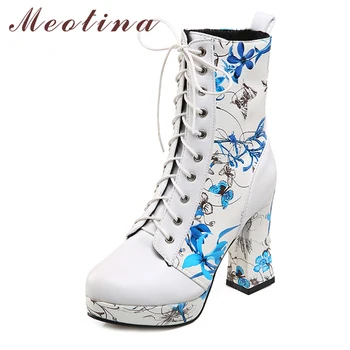 

Meotina Mid Calf Boots Women Boots Winter Print Super High Heel Boots Flower Platform Square Heel Female Footwear Big Size 4 43