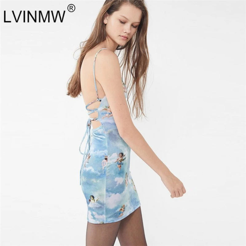 LVINMW сексуальное мини-платье на бретельках с принтом ангела Купидона летние женские платья бодикон на шнуровке с открытой спиной Вечерние платья