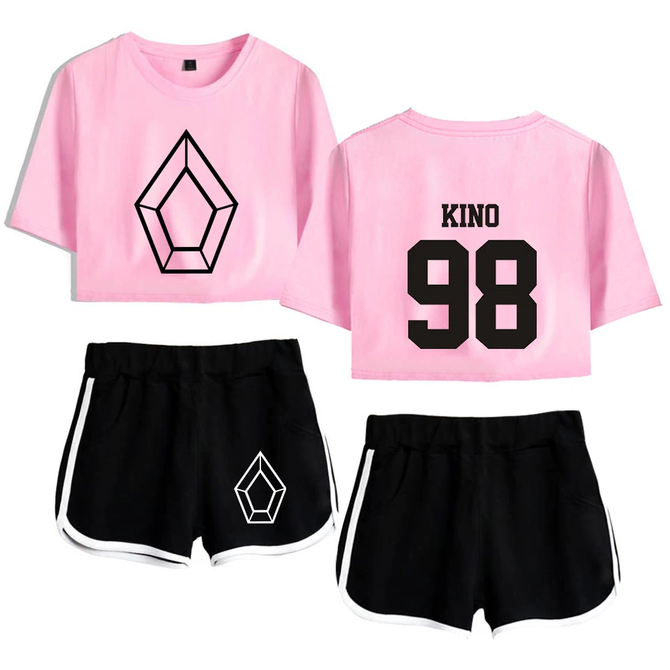 

Summer Pentagon KINO 98 Exposed Navel pink t shirt+black shorts women's two-piece sets Fashion Streetwear Casual girl's sets