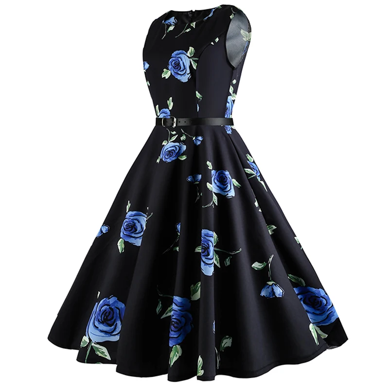 

2018 Womens Dresses 50s 60s Robe Vintage Retro Pin Up Swing Rockabilly Blue Floral Print Dress Plus Size 2XL Vestidos with Belt