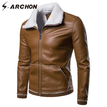 

S.ARCHON Causal Jacket Men PU Leather Lamb Fur Collar Jacket Coat Warm Bomber Tactical Spring Autumn Streetwear Jacket Male