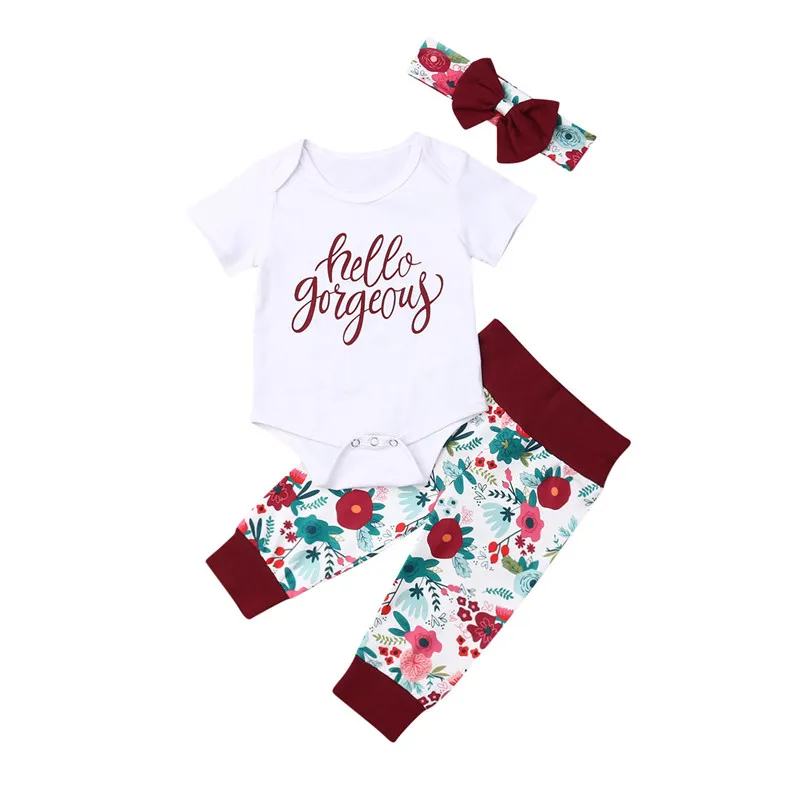 

Toddler Baby Girl Floral Clothes short sleeve Letter Romper Tops and Floral pants and headband 3Pcs Outfits Clothes