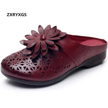 

2019 New Round Toe Breathable Cowhide Flowers Shoes Summer Leather Slippers Fashion Sandals Mom Shoes Summer Casual Sandals Flat