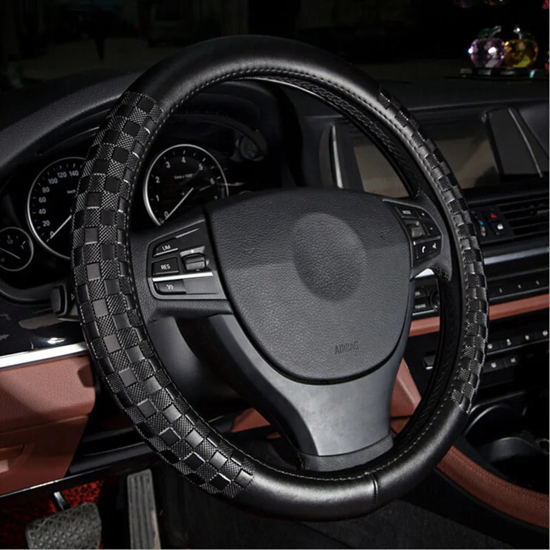 

Black Genuine Leather Car Steering Wheel Cover Multi Choice Size M Diameter 38cm Automotive Interior Steering Wheel Accessories