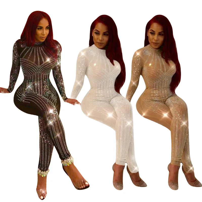 Black Rhinestone Sparkly Jumpsuit Women Turtleneck Long Sleeve Mesh Romper Sexy Sheer Birthday Nightclub Bodycon Party Overalls