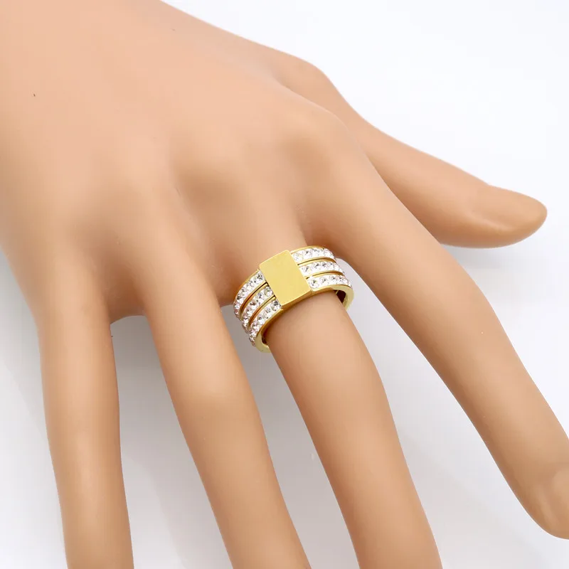 10mm Width Three-ring Fixed Design Rhinestone 316L Stainless Steel Rings For Women Gold Color Party Jewelry (JewelOra RI102369)