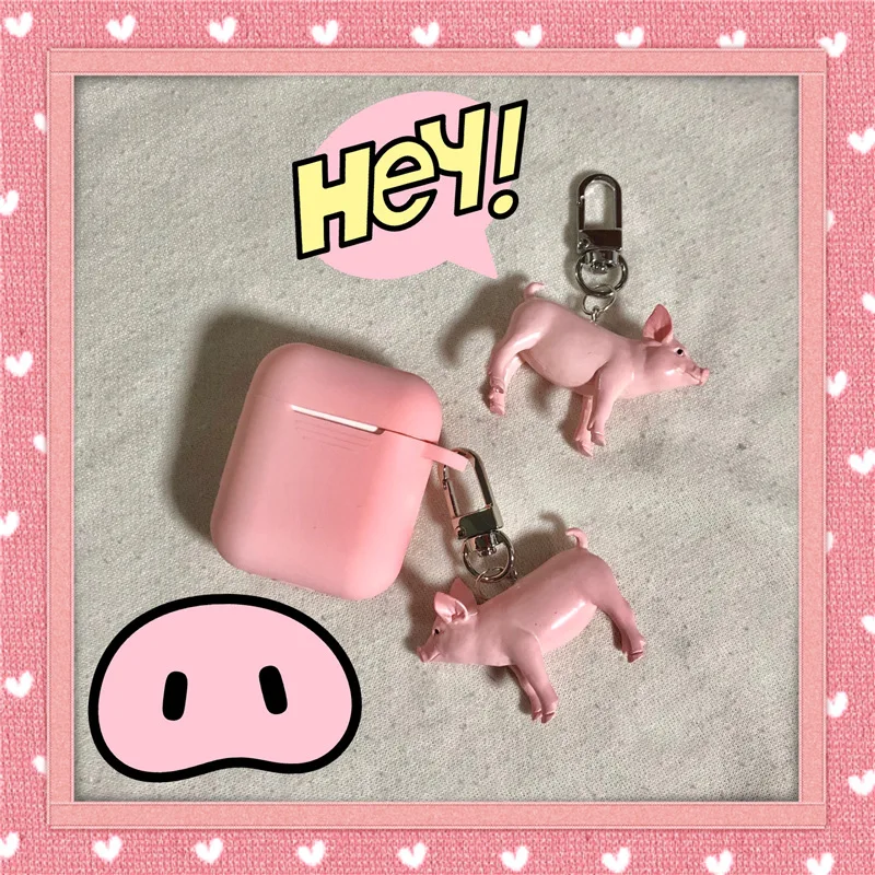 

Cute Cartoon Pink Pig Figures Doll Keychain Wireless Bluetooth Earphone Case for Airpods Protective Cover Keyring