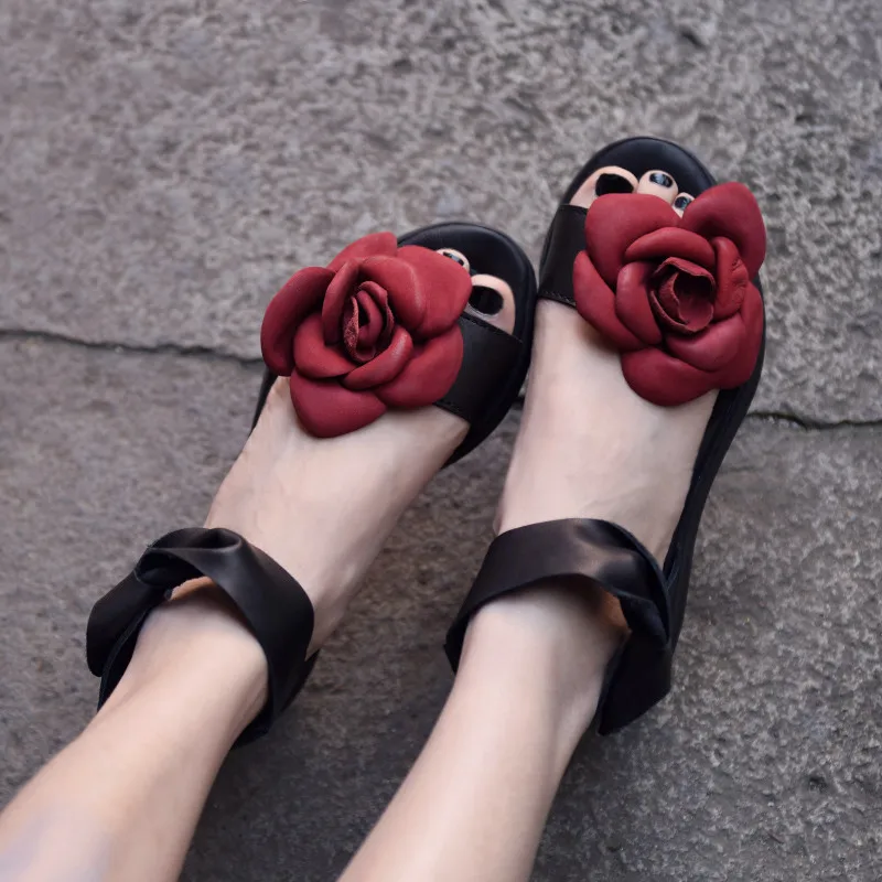

Artmu Original New Sandals Open Toe Flowers Summer Retro Mori Girl Flower Sandals Women Thick Bottom Wedges Leather Shoes