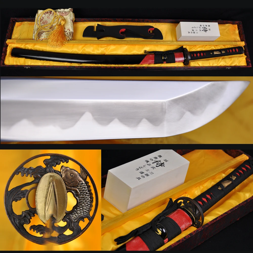

FULL TANG T10 steel clay tempered hazuya polishing JAPANESE SAMURAI SWORD KATANA REAL RAYSKIN COVERED SAYA BRASS FISH TSUBA