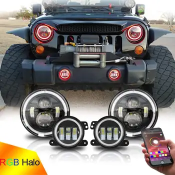 

4pcs/set LED 7" Headlights+4" Fog Light Combo Halo Angel Eyes DRL Turn Signal Lamp for Jeep Wrangler JK CJ RGB Halo 1997-2017