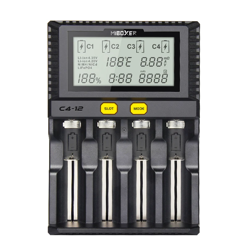 

Smart Charger Miboxer C4-12 4 Slots LCD Screen Battery Charger for Li-ion/Ni-MH/Ni-Cd/LiFePO4 18650 14500 26650 AAA AA battery
