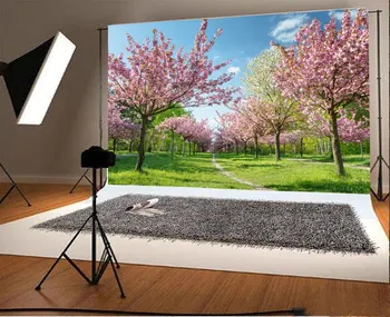 

blue sky white clouds Japanese cherry blossoms tree grass spring backdrop Vinyl cloth Computer print wall Background