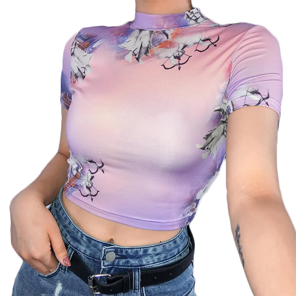 

feitong Women Turtleneck Long Sleeve Starry Angle Print Mesh Perspective Short Top tee shirt femme korean clothes aesthetic