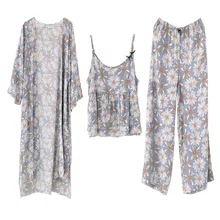 Пижамы женские Осень/Зима длинный банный халат три части Ромашки Цветочный халат хлопок взрослые пижамы свободный пижамный комплект размера плюс