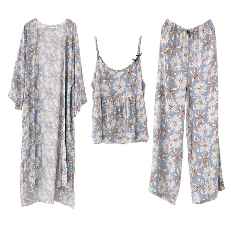 Pyjamas Women Autumn/Winter Long Bath Robe Three piece Daisies Floral Robe Cotton Adult