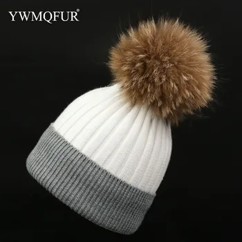 

Autumn & Winter Knitted Women Hats & Real Raccoon Fur Ball Top Quality Fashion Two-toned Female Caps With Free Shipping YWMQFUR