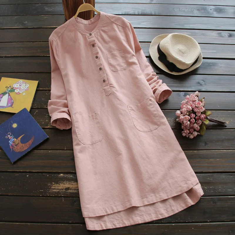 SCHMICKER женское повседневное свободное платье-рубашка со стоячим воротником и длинным рукавом Весенние винтажные однотонные Вечерние платья из хлопка и льна - Цвет: Розовый