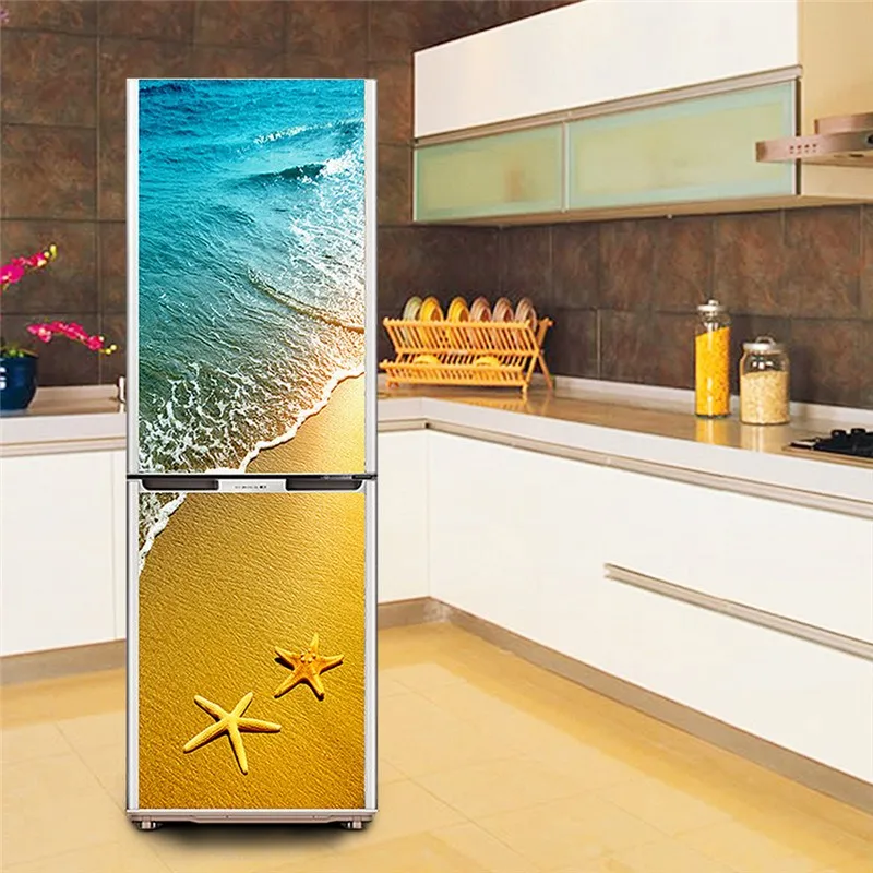 Океан пляж живописный холодильник съемные наклейки из ПВХ стены двери наклейки фрески дома Кухня украшения самоклеющиеся наклейки