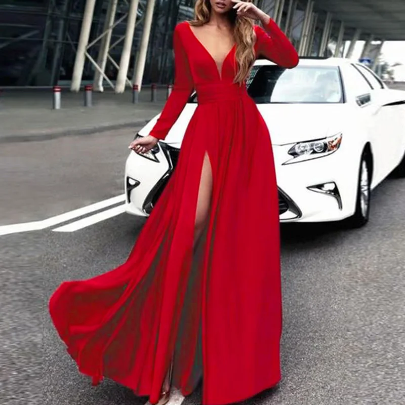 

Women Low Cut Dress Elegant Lady V-Neck Long Sleeve Maxi Dress Lady Sexy Long A-line Sexy Holiday Beach Dresses