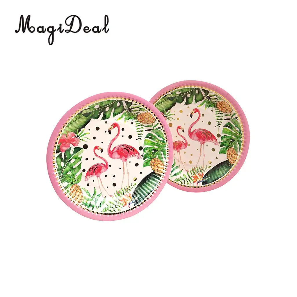 MagiDeal 10x Pink Green Watercolor Flamingo Paper Plates Disposable Party Tableware