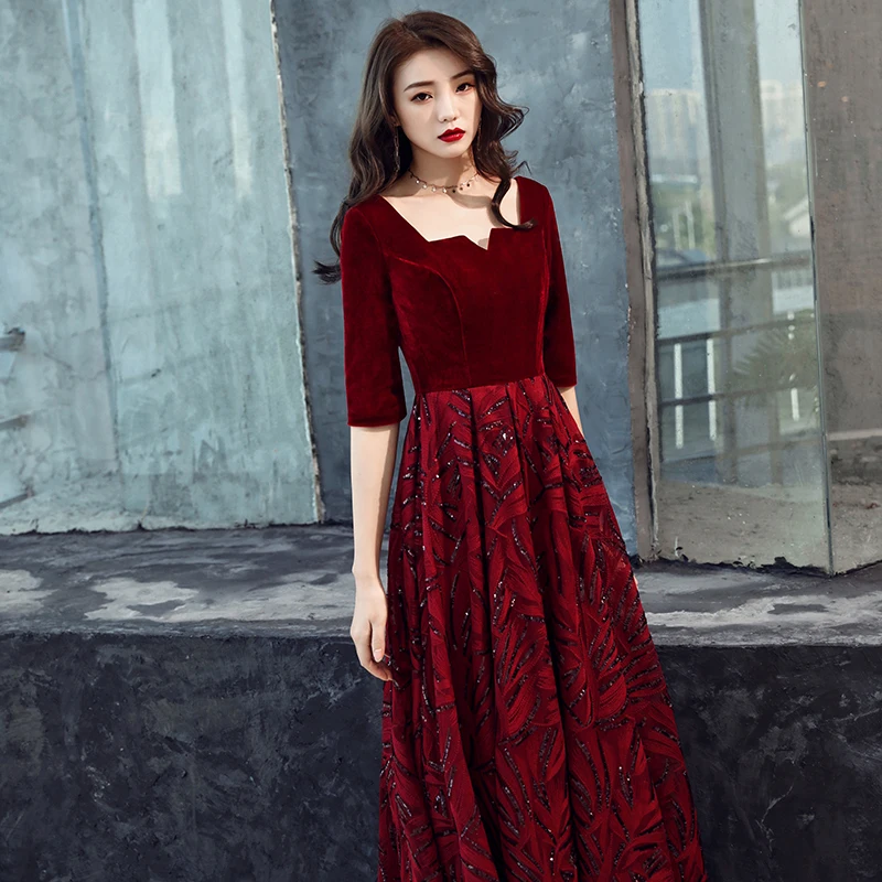 2019 Новый V шеи Длинные вечерние платья Robe De Soiree пикантные роскошный темно-красный блесток официальная Вечеринка платье платья для