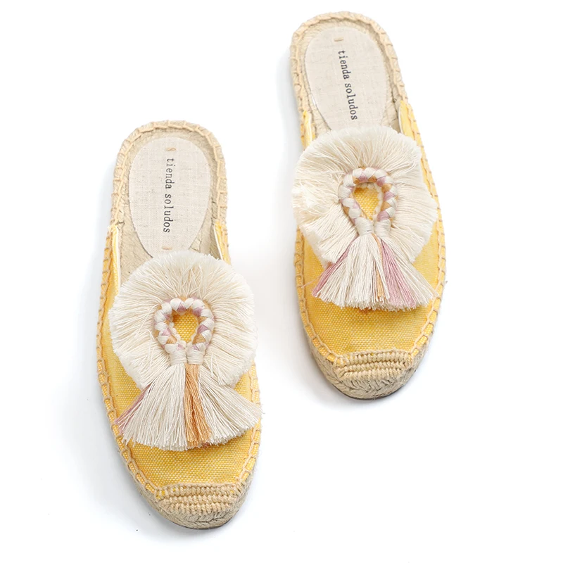 

Furry Slippers Women Rubber Hemp Colors Tienda Soludos Spring Summer Tassel Fluffy Ball Canvas Mule Shoes Espadrilles Slides