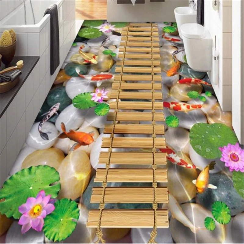 

Wooden bridge lotus carp stone bathroom wall murals flooring custom stickers 3D murals HD non-slip PVC self-adhesive waterproof