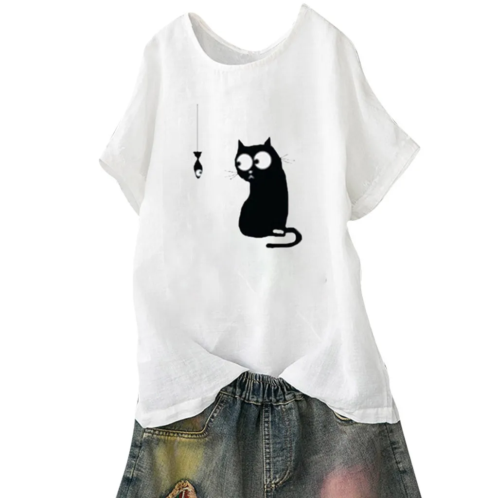 Летняя льняная блузка женская Свободная одежда с принтом кота топ размера плюс Повседневная пляжная винтажная забавная блузка рубашка Топы Прямая поставка# E