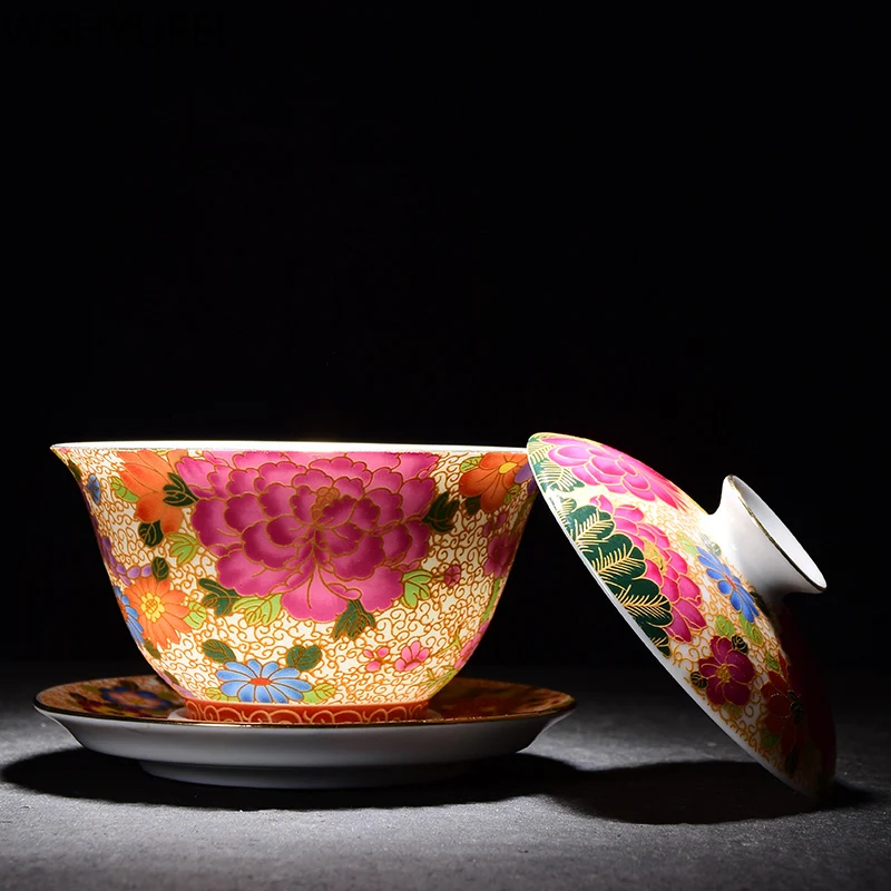 Ceramic teacup peony flower cover bowl Kungfu tea set tea bowl Travel portable tea set Household drinking utensils WSHYUFEI