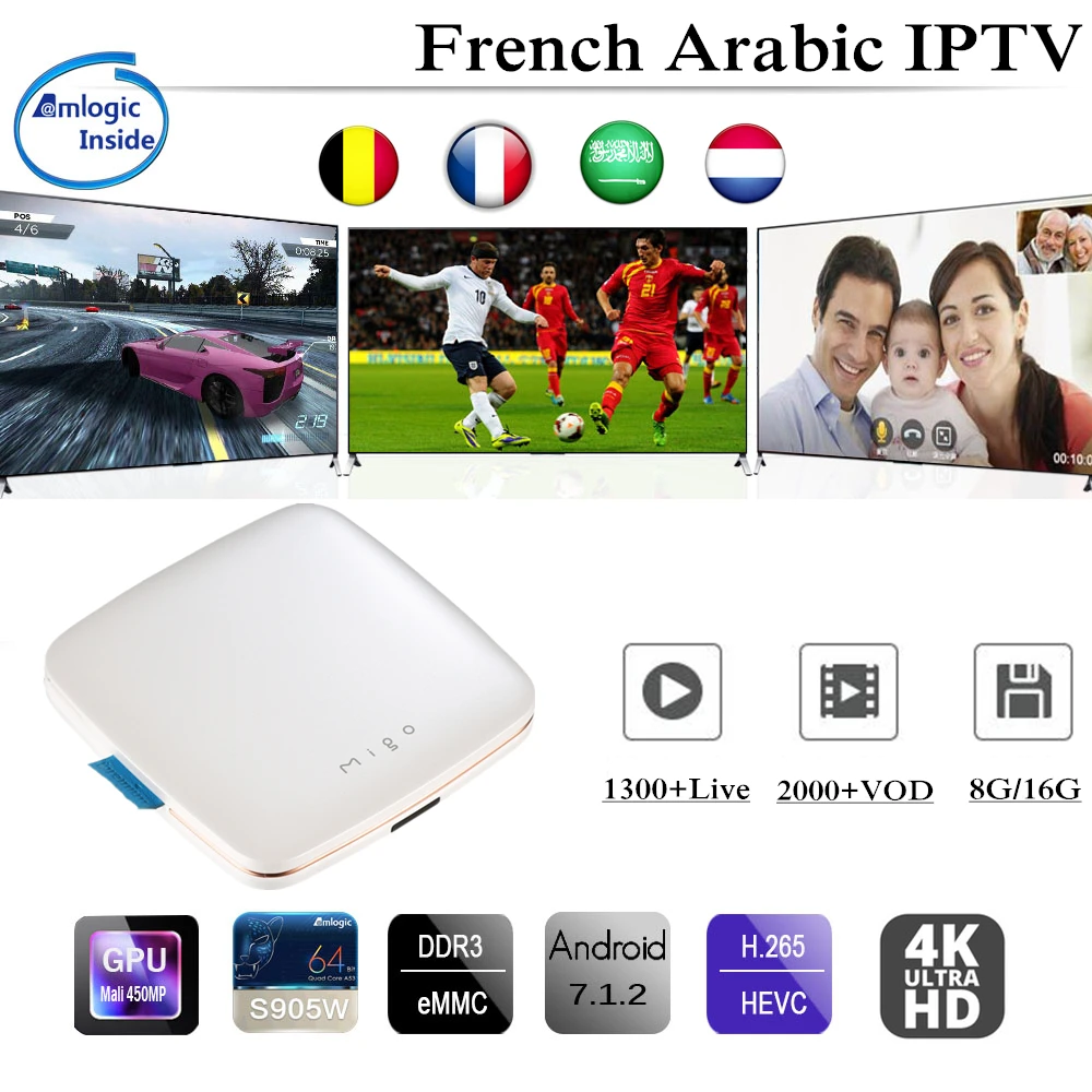 IPremium Migo+ Франция IPTV арабское IPTV NeoPro IP ТВ 1300 Live+ 2000VOD mickyhop OS H.265 Wi-Fi BlueTooth 4,0 2,0 Гц Smart ТВ коробка