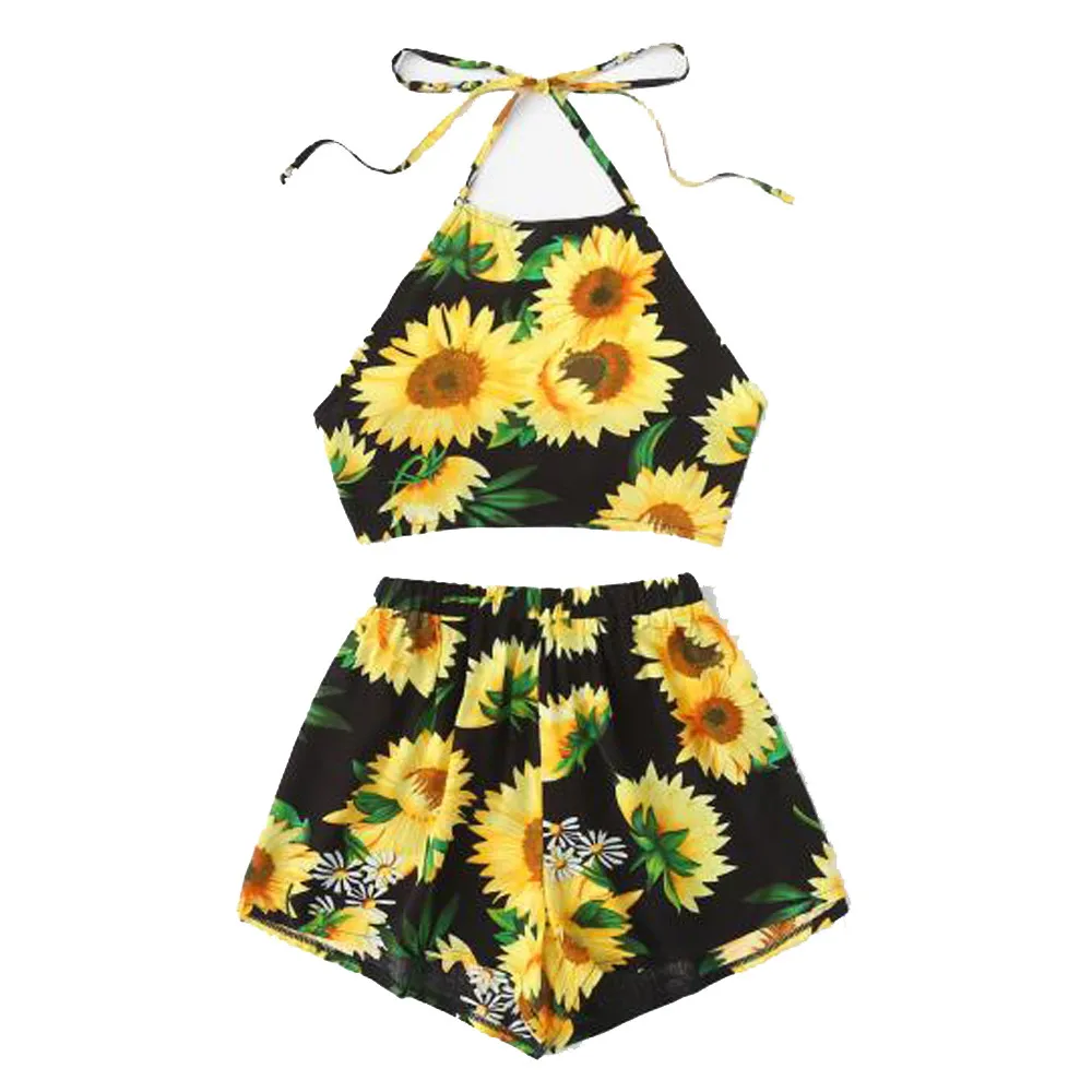 الخريف عارضة اثنين من قطعة مجموعة النساء معا بروتيل عباد الشمس المطبوعة بحر المحاصيل قمم المتعرية الملابس الداخلية وثيقة بخط الحمالات