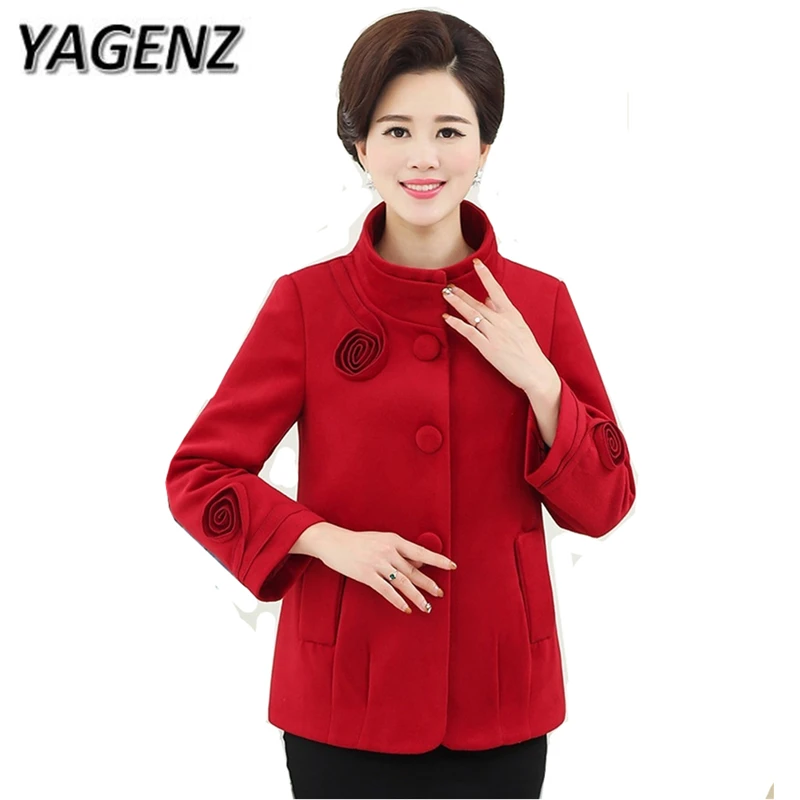 

YAGENZ Middle-aged Women Woolen Jacket 2019 Autumn Winter Single-breasted Solid Warm Short Outerwear Slim Wool Coat Long sleeves