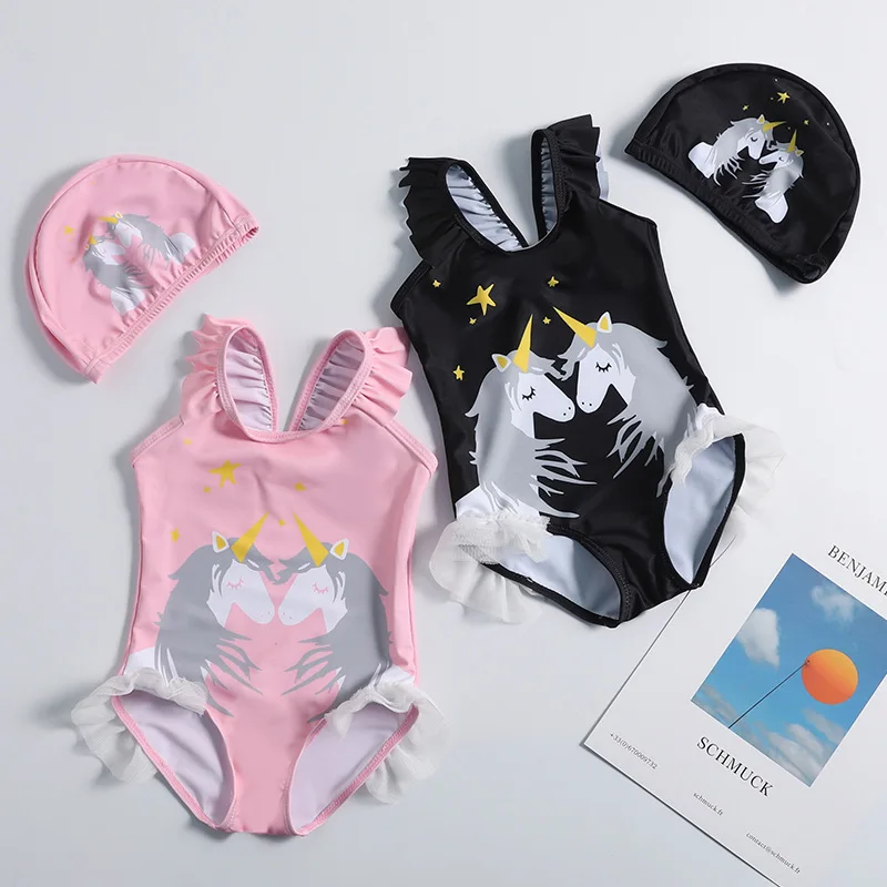 New 2019 Girls Swimwear 1~10Years Girls Swimsuit One Piece Unicorn Girls Swimwear With Hat Children Beachwear Bathing Suit-ST120