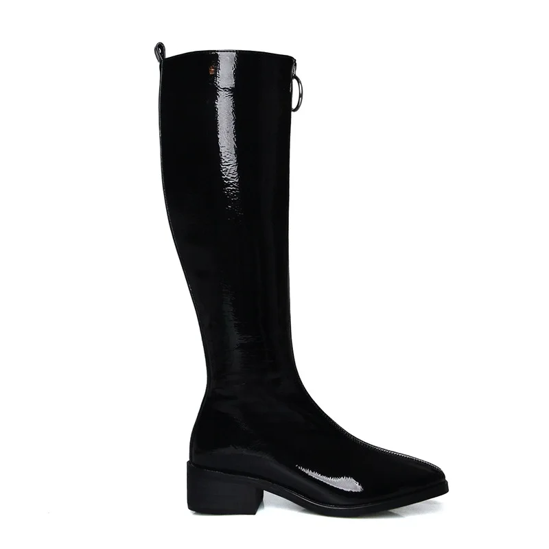 Egonery/Женская обувь; сезон осень-зима; новые модные сапоги до колена из лакированной кожи с квадратным носком; женская обувь на среднем каблуке с молнией спереди