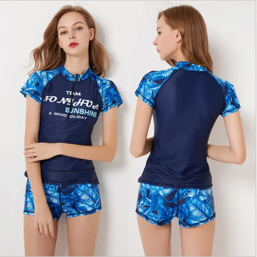 2019 Swimwear Plus Size Printed Short Sleeve Tops And Boyshorts S 4XL 2