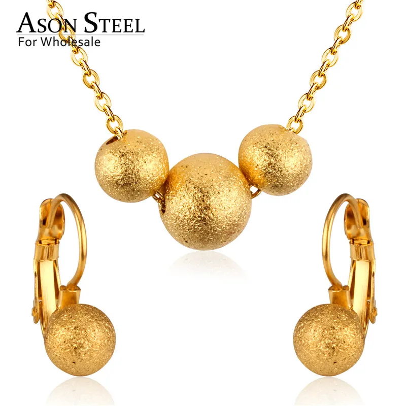 

ASONSTEEL Gold Round Ball Drop Earring Female Bijoux Classical Scrub Round Shape Pendant Necklaces Stainless Steel Jewelry Sets