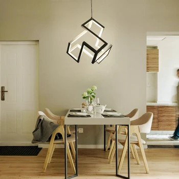 

Simple modern hardware black paint geometric design LED chandelier personality for restaurant decoration warm light hanging wire