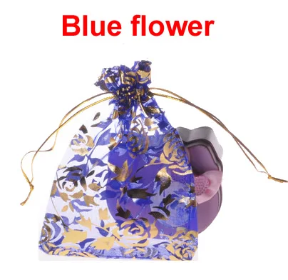 7x9 см мешочки из органзы Мешочки с завязками из органзы подарок ювелирные изделия Свадебная Упаковка Сумки, Золотое сердце и цветок розы, 100 шт - Цвет: blue flower