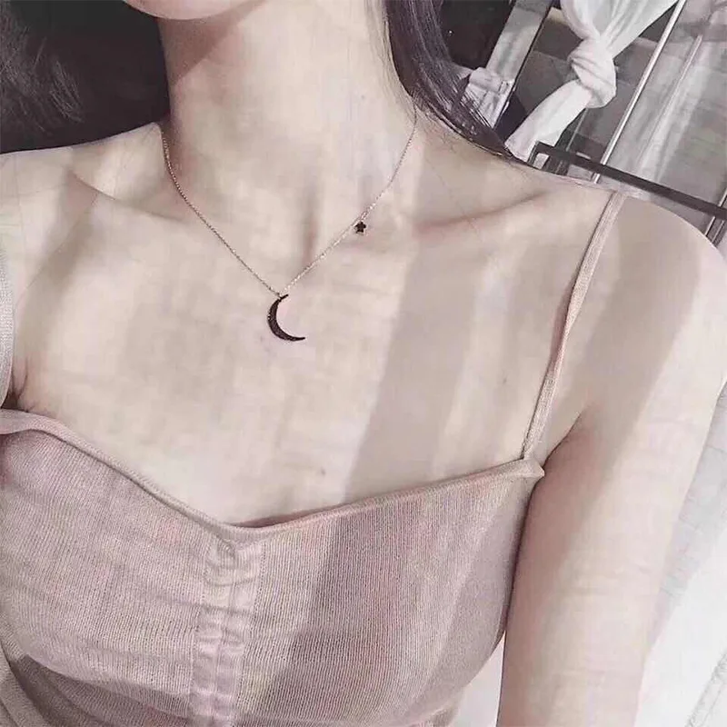Collar de cadena de clavícula Simple Chic anenjary, collar de Luna y estrella de circón negro de Plata de Ley 925 para mujer S N269|Collares| - AliExpress