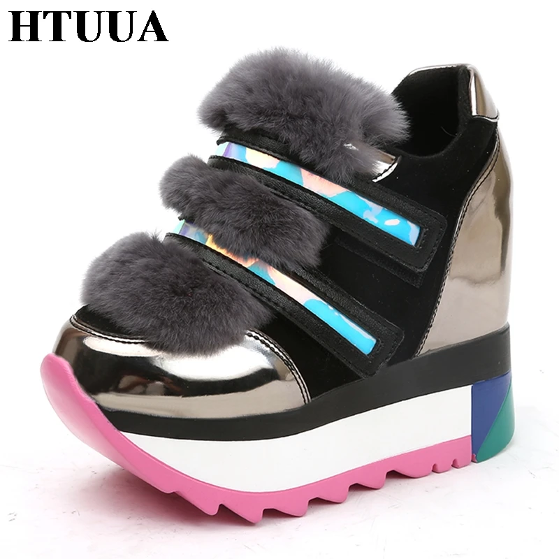 

HTUUA 2018 New Autumn Winter Women Shoes Furry Fur Increased Internal Platform Shoes 12CM High Heels Wedge Pumps SX1733