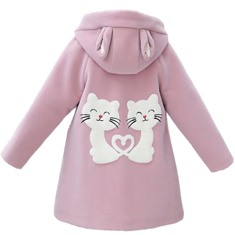 

ACE LOVE Children's Winter Woolen Coats For Teenager Girls Cute Cat Print Back Long Wool Coats Girls Outerwear Girls Clothing